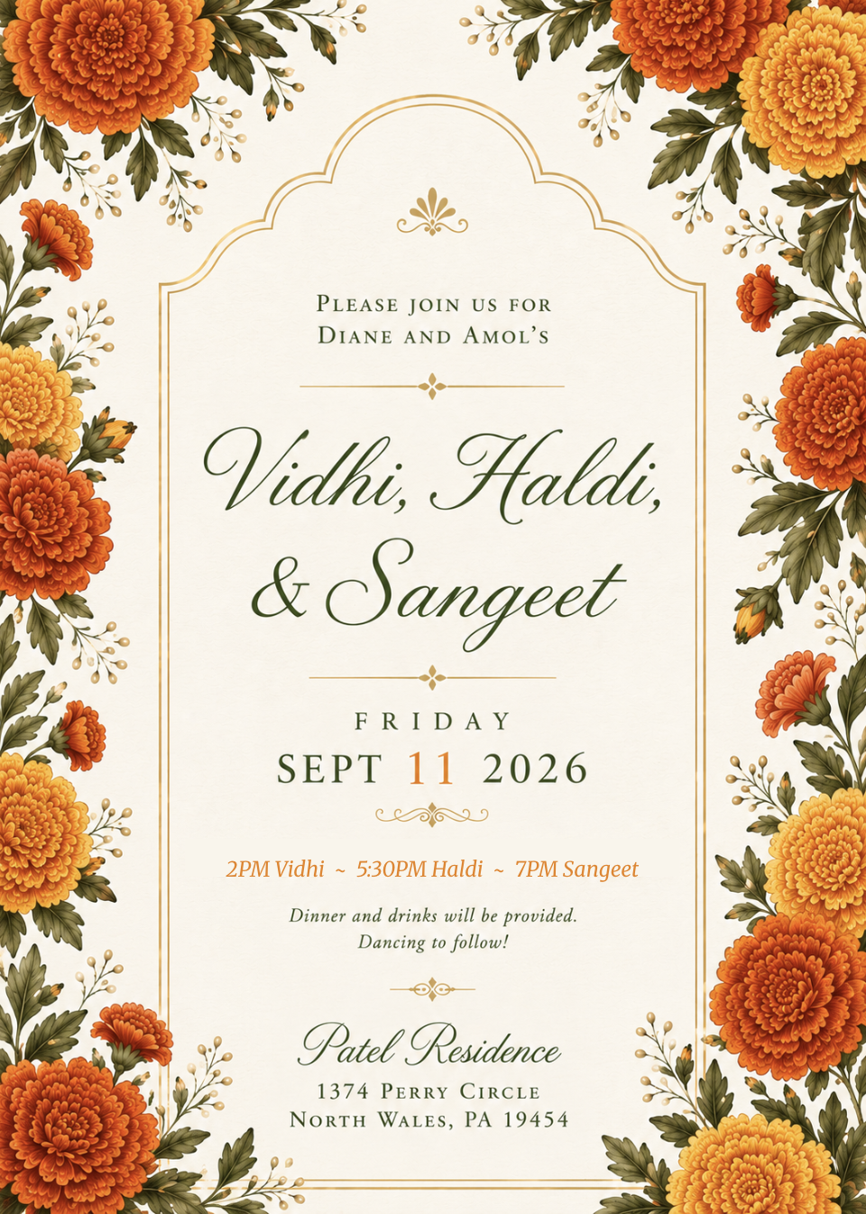 Invitation for Diane and Amol's Vidhi, Haldi, and Sangeet